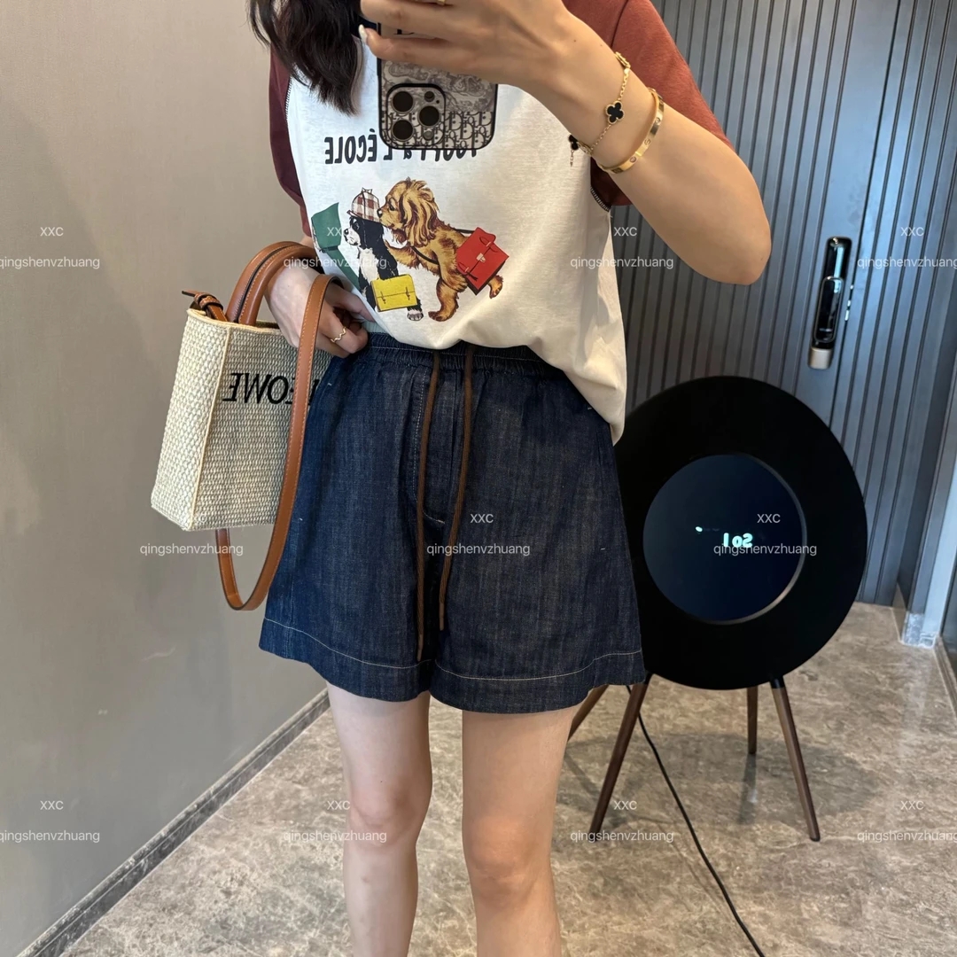 【松弛感】夏季蓝色高腰休闲百搭女士复古松紧腰牛仔阔腿短裤#3050