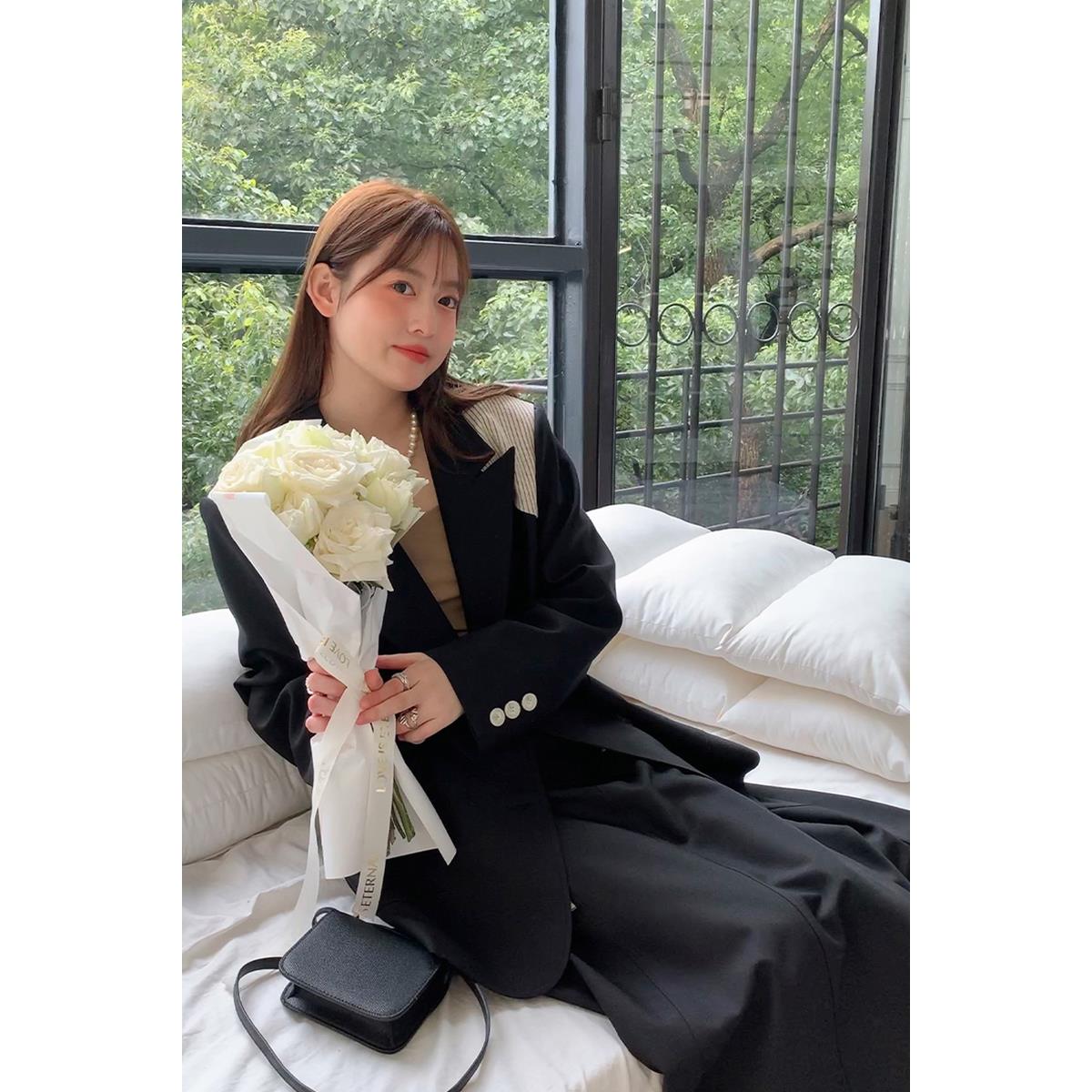 晶咕白标 曼哈顿西装组~条纹拼接西装套装气质黑色小个子上衣秋季
