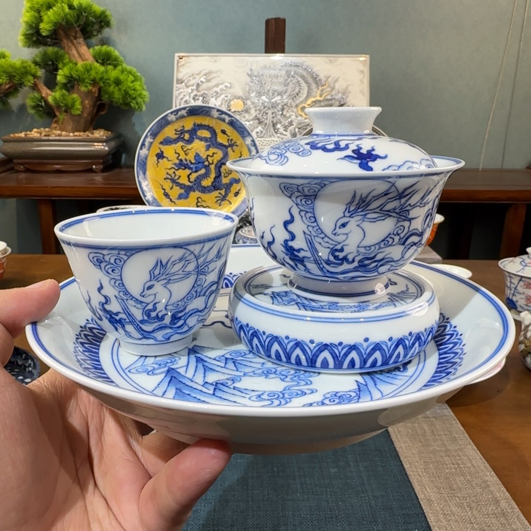 青花神鹿四件套手工手绘