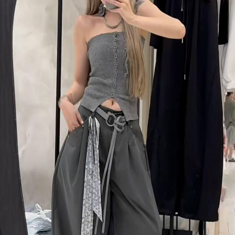 芊喜Studio 显瘦百搭时尚修身款辣妹抹胸针织上衣