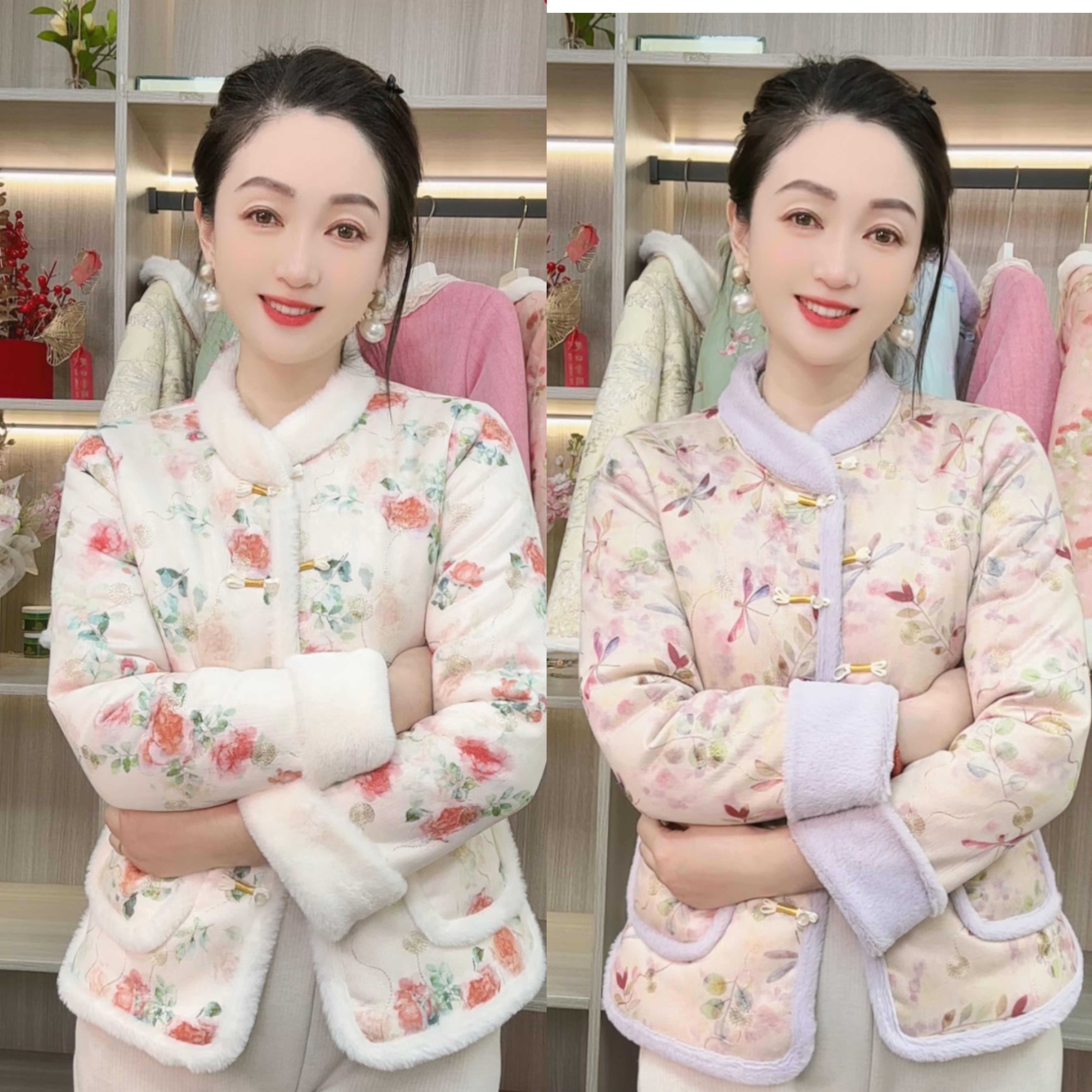 冬季加绒加厚保暖棉服新中式复古中国风正襟盘扣棉衣时尚棉袄外套