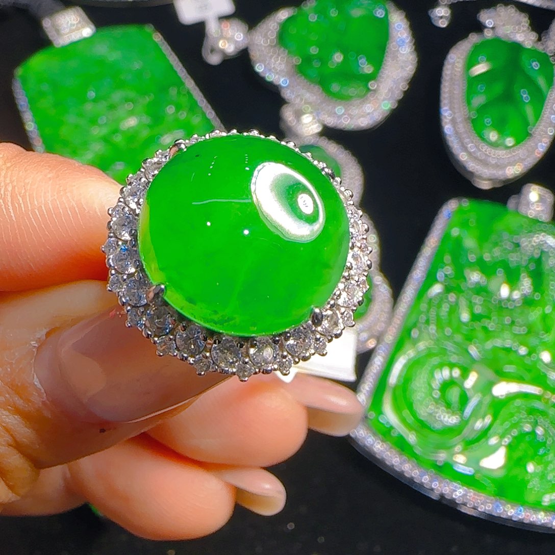 翡翠戒指银S925镶嵌天然