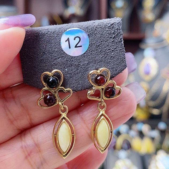 琥珀耳饰银S925镶嵌耳环