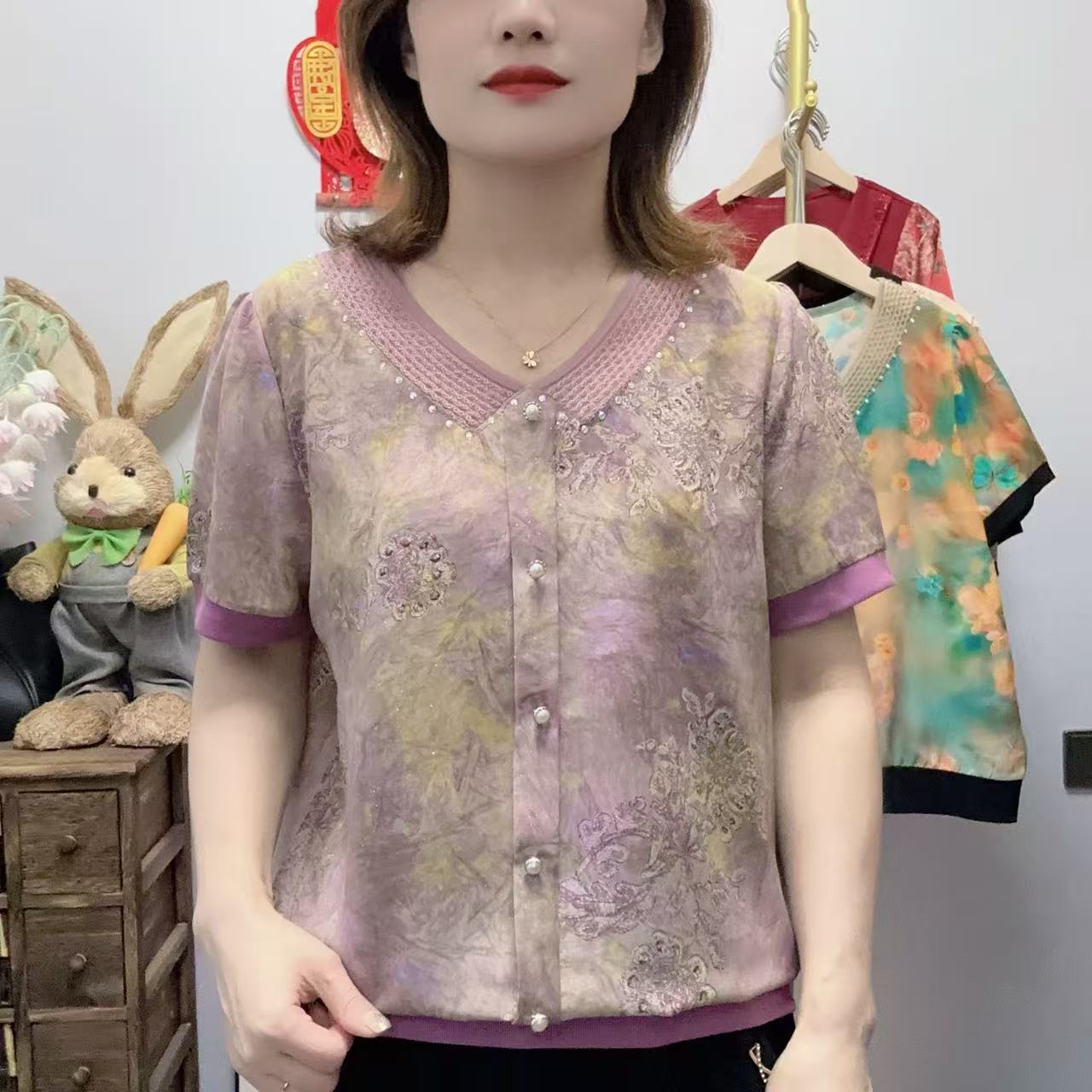 【丽姐家】夏季新款妈妈装短袖时尚洋气百搭显瘦女士上衣