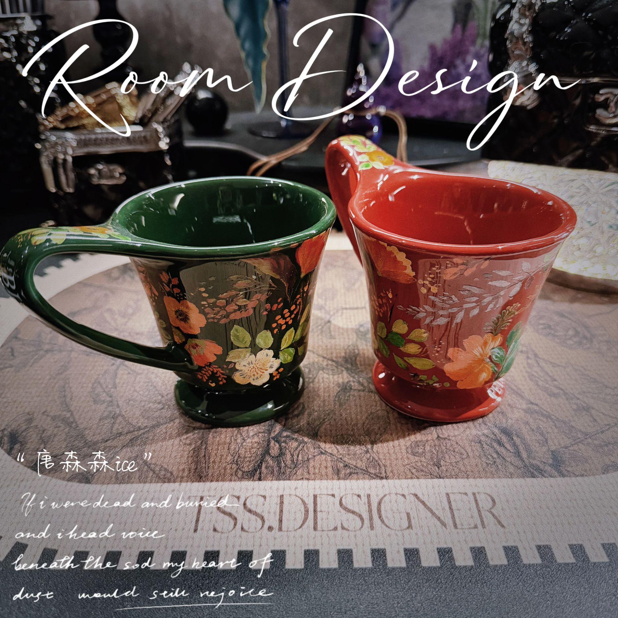 【唐森森设计】260ml高温釉下彩油画繁花马克杯牛奶咖啡杯家用摆件