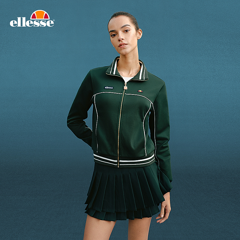 Ellesse网球运动复古绿色经典撞色时尚立领运动外套女