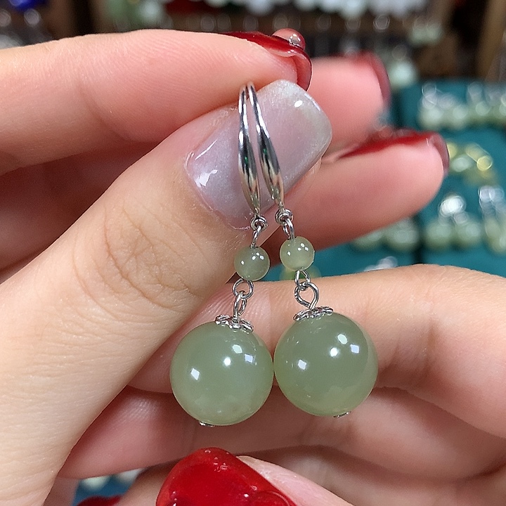 和田玉银S925镶嵌耳饰天然卡12mm左右冰晴水