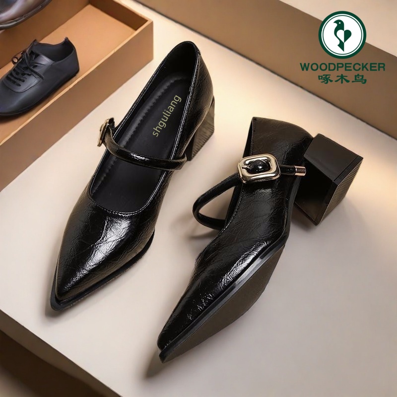 啄木鸟单鞋女2025春秋新款法式尖头玛丽珍女鞋时尚高跟粗跟小皮鞋