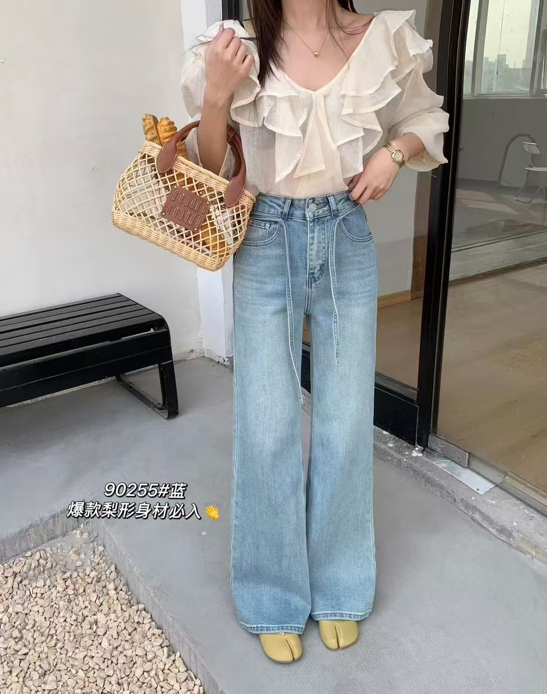 90255春季新款洋气筒喇浅蓝牛仔裤