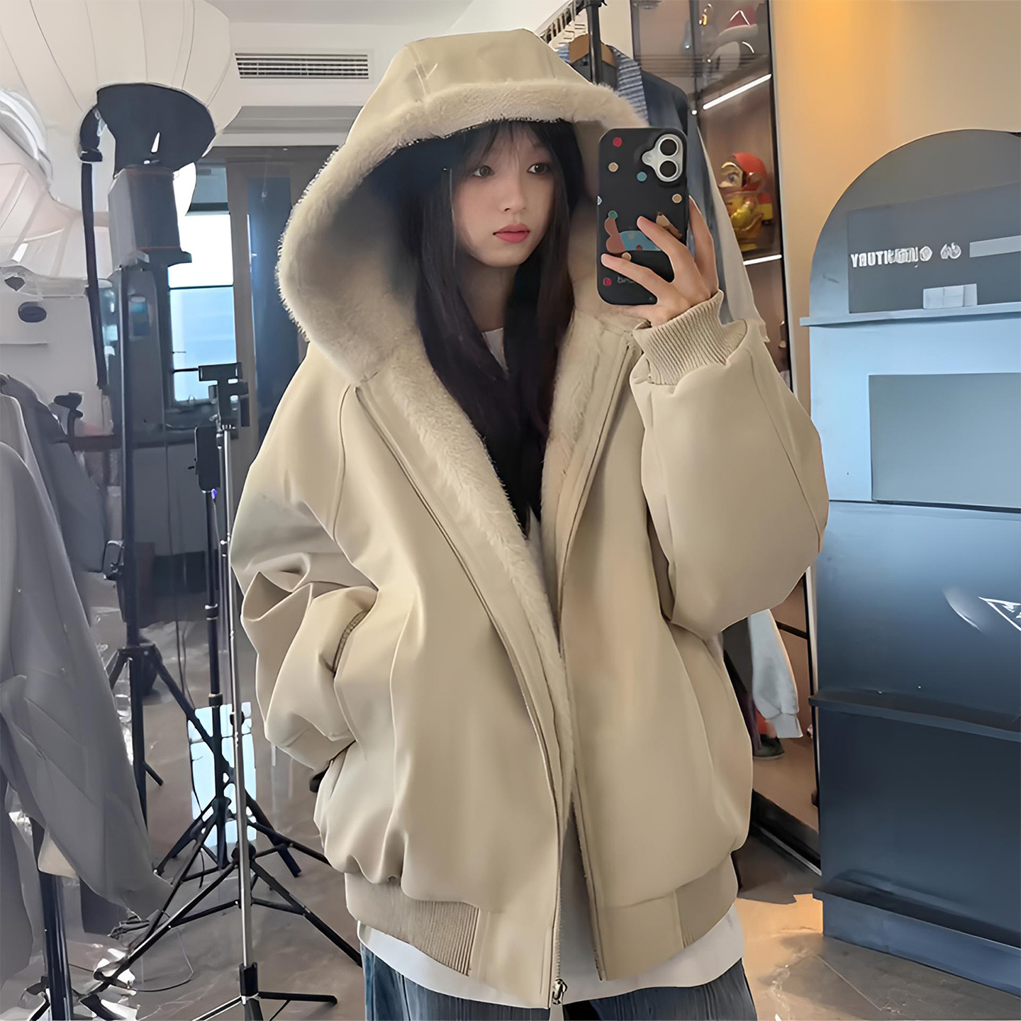 胖mm大码女装杏色加绒加厚连帽棉服上衣女秋冬宽松显瘦慵懒风棉衣