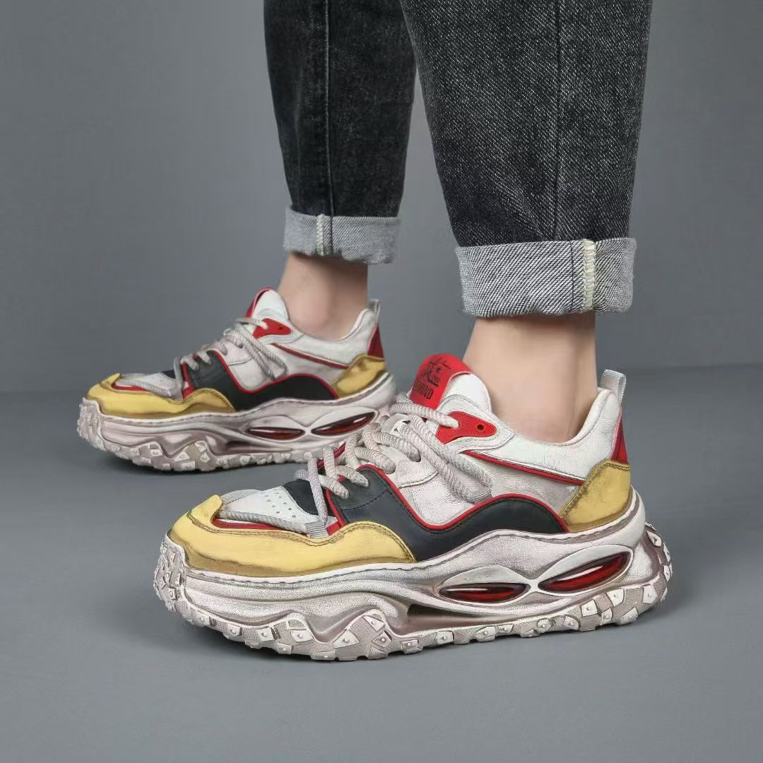 头层牛皮水洗做旧脏脏鞋秋冬复古时尚国潮透气厚底老爹鞋休闲鞋