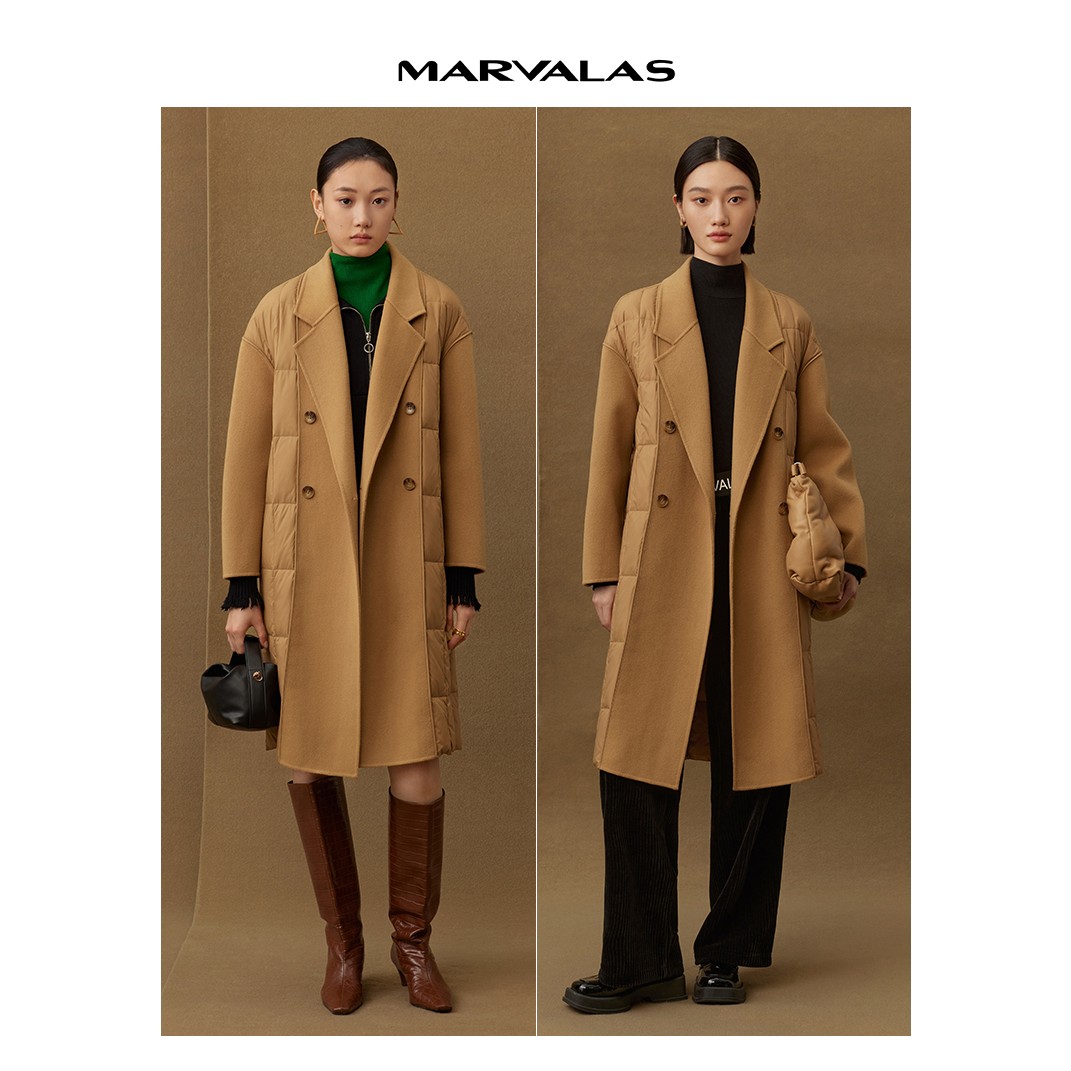 曼德诗羊毛双面呢拼接中长款冬季M427302708