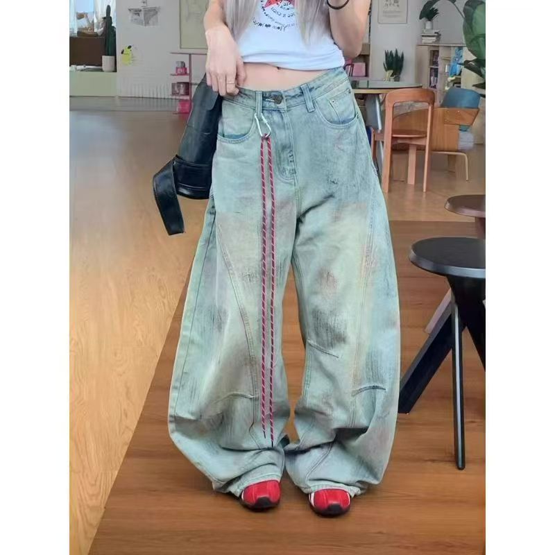美式复古脏脏做加绒/单料牛仔宽松弯刀阔腿裤-【送挂绳】B3001/2036