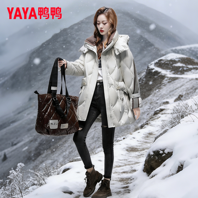 YAYA/鸭鸭品牌90鸭绒新款中长款羽绒服时尚设计感遮肉显瘦外套女