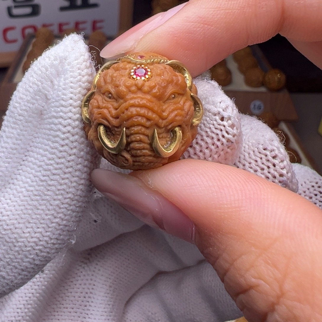把件猴头核桃镶嵌款象神唐狮全品有正常封口线