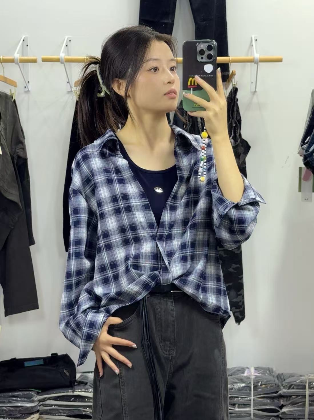 5801短款格纹衬衫上衣衬衣两件套（衣长47）