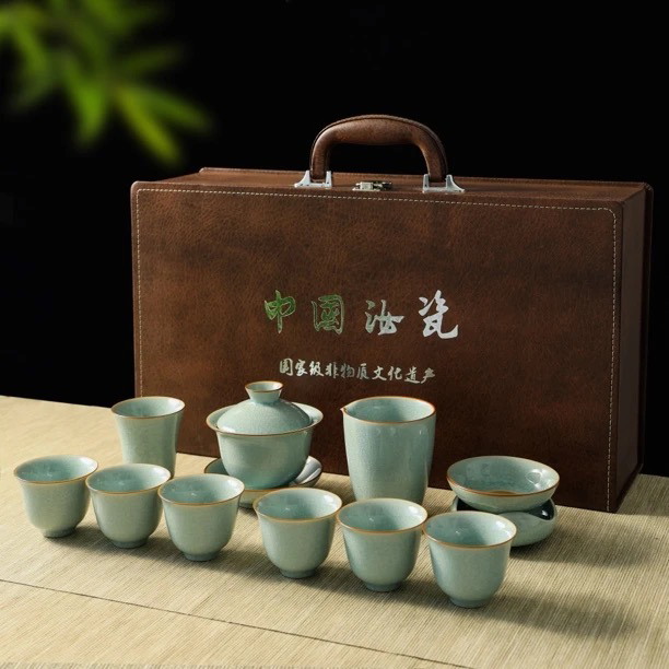 盖碗套装·原矿冰花釉元宝盖碗全套礼盒套装汝窑茶具套装高端送礼