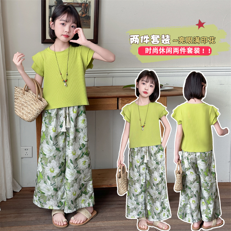 女童荷叶边短袖套装夏2025新款超薄花边T恤雪纺碎花阔腿裤防蚊薄