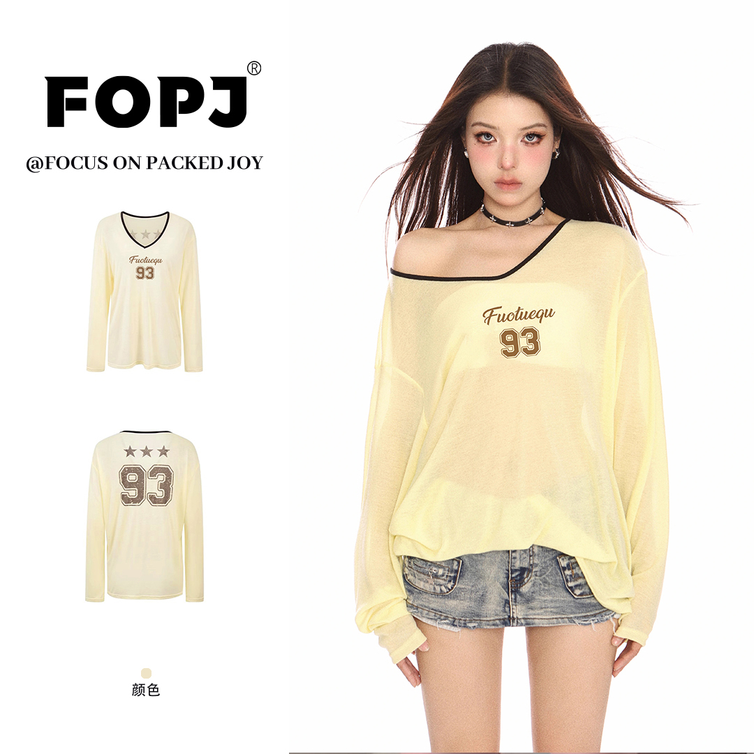 FOPJ美式复古设计感夏季V领斜肩薄款微透长袖t恤女防晒罩衫上衣