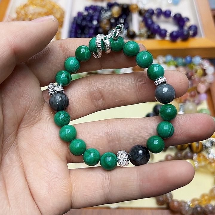 水晶手链银S925镶嵌孔雀石