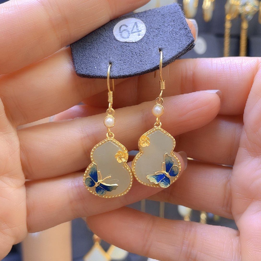 和田玉耳饰银S925镀金镶嵌