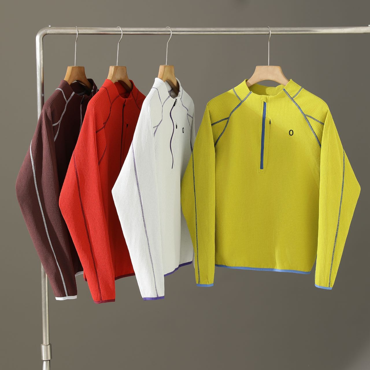 PTSJ-水洗华夫格！春秋明线撞色半拉链半高领宽松情侣装t恤长袖