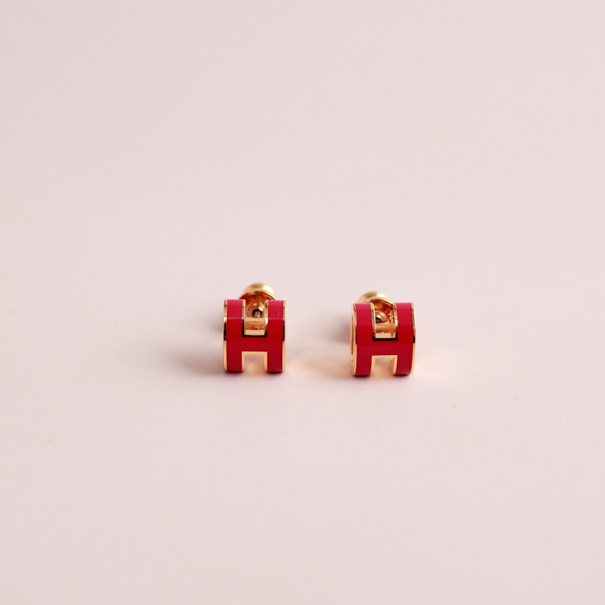 95新 Hermes/爱马仕 【美佳】POP H玫红色耳钉/3644