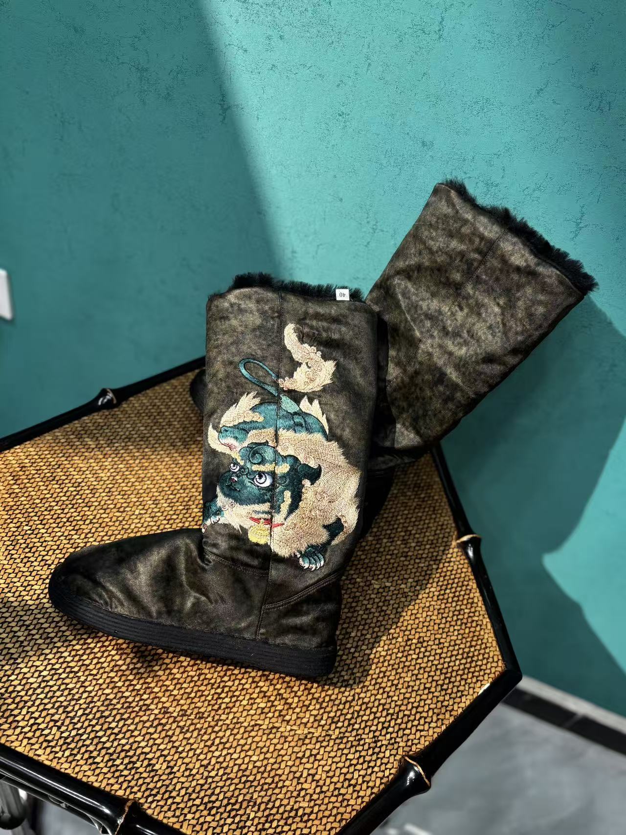 黑色长靴中国风手工千层底布鞋