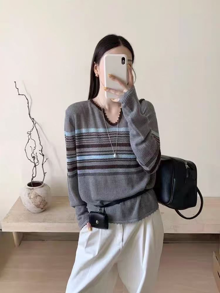 女条纹秋季春季冬季长袖毛针织衫休闲拼色上衣秋冬