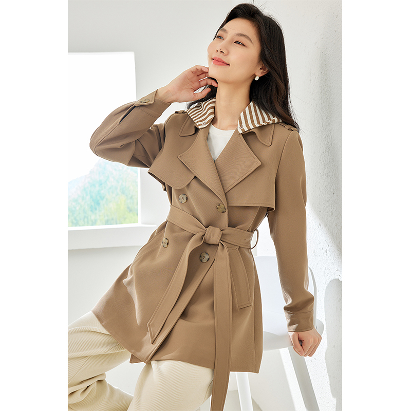 M条纹连帽西装领风衣女中长款收腰显瘦大衣M2629