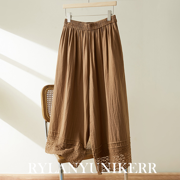 RYLAN休闲百搭纯色纯棉裤脚花边松紧腰阔腿裤