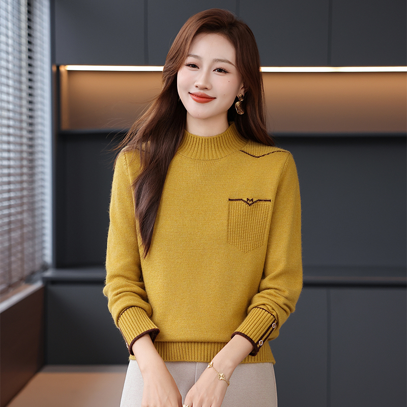 秋冬新款半高领羊毛衫女提花百搭洋气韩版毛针织衫纯色打底毛衣