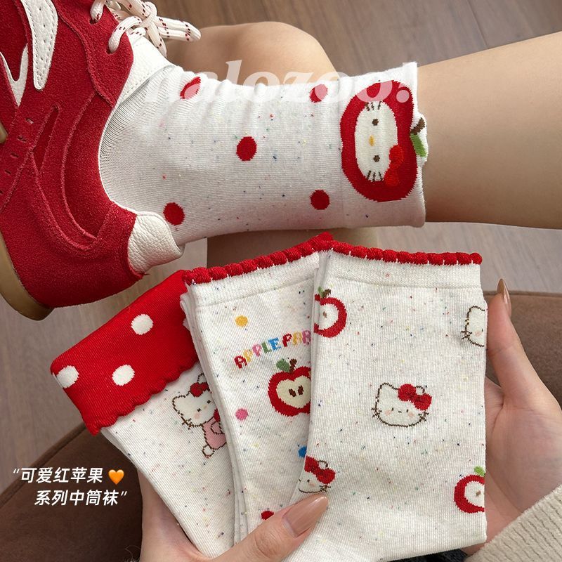 【四双】甜美可爱袜子女中筒袜秋冬季卡通小猫日系长袜子地板袜LW