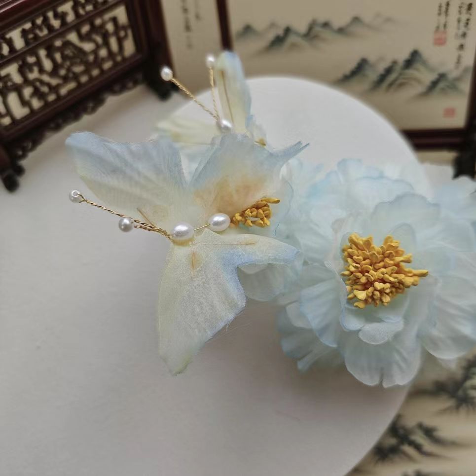 【云鬓花颜阁烫花发夹】雾蓝蝶影（孤品）新中式汉服饰品古风发饰B243