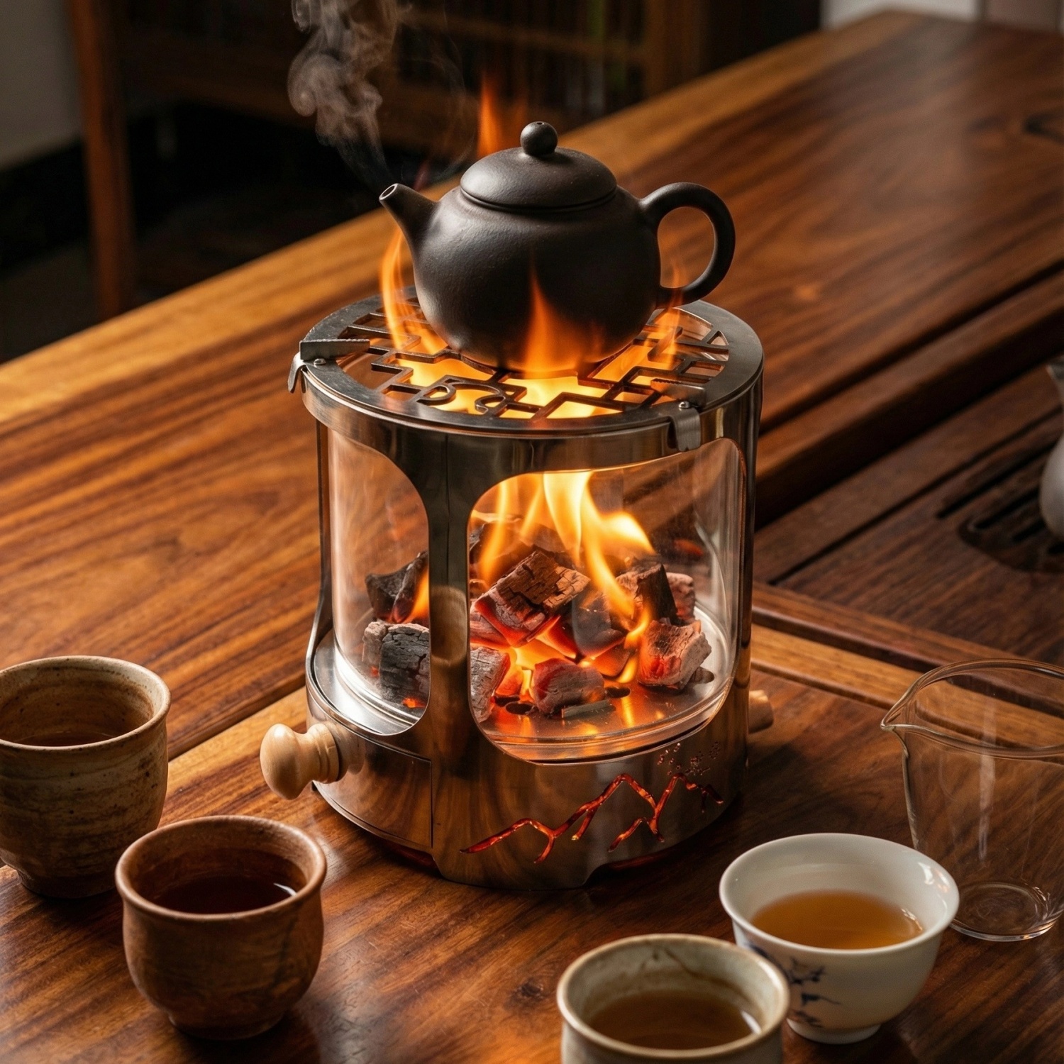 原创不锈钢家用耐高温玻璃观火炭炉户外露营围炉煮茶取暖烧水火炉