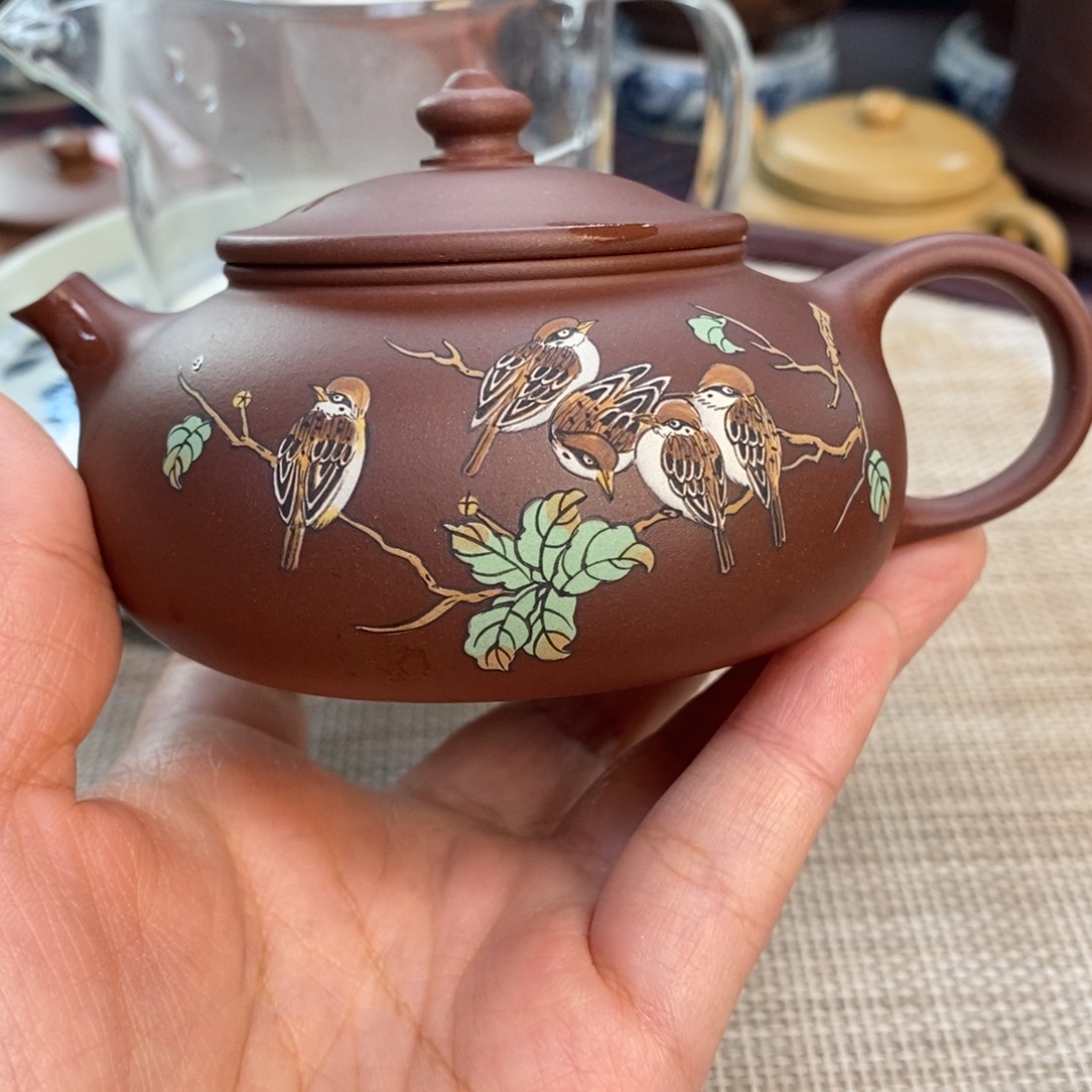 紫砂茶壶紫砂壶寒江泥绘雀跃图