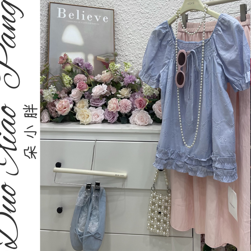 2025夏季新款甜美风方领抽褶泡泡袖小衫大码女装气质显瘦上衣