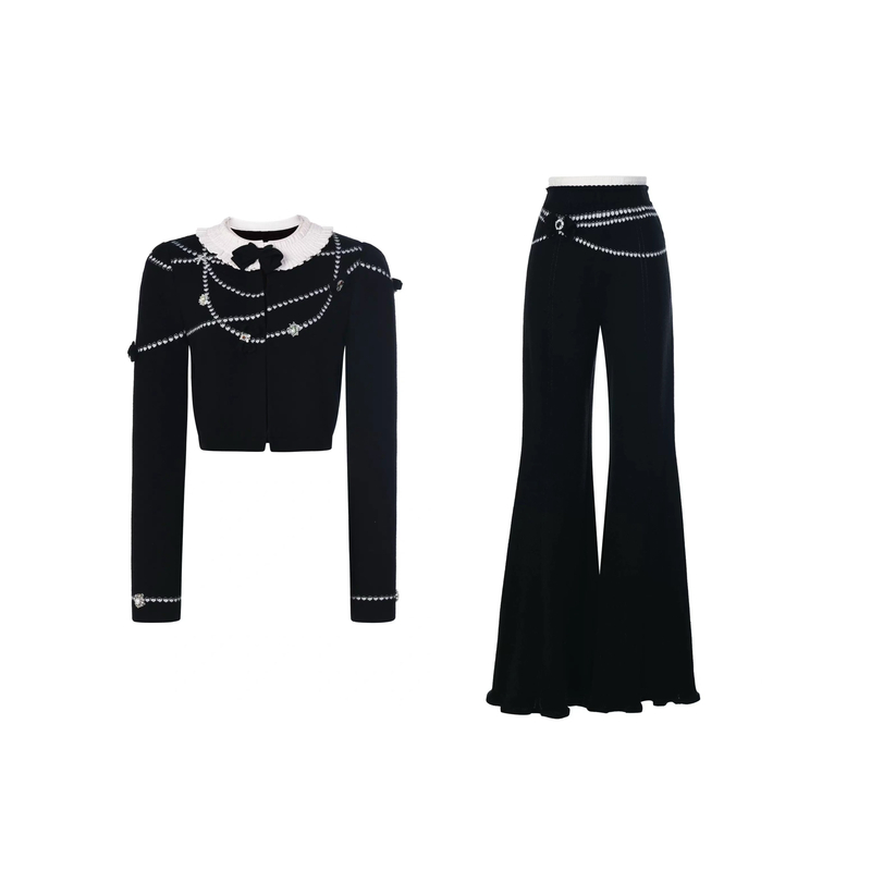 珍珠蝴蝶结少女娃娃领绣花小香风针织开衫裤子25套装