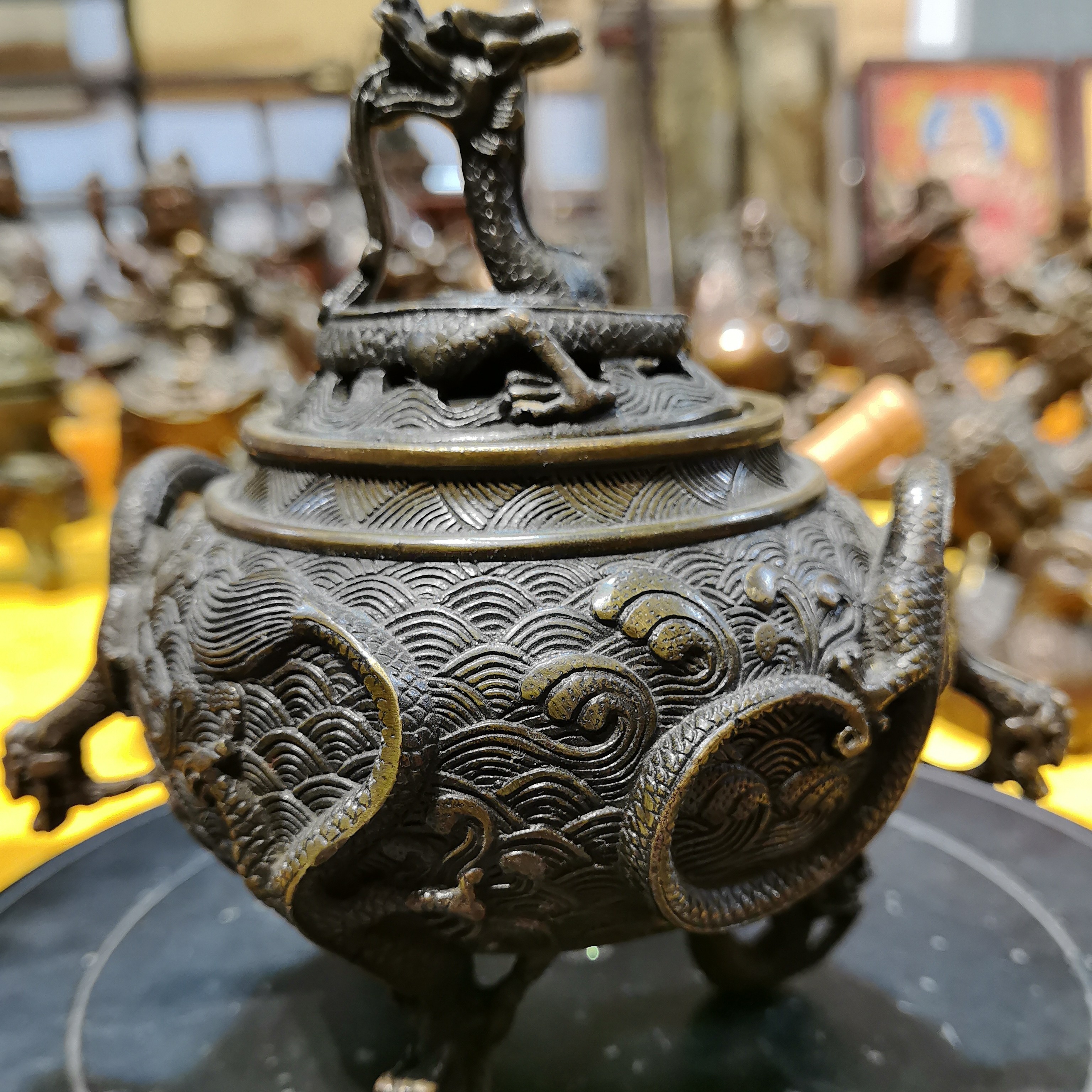 纯铜鎏金三足龙熏香炉家居茶道装饰工艺品铜香炉摆件