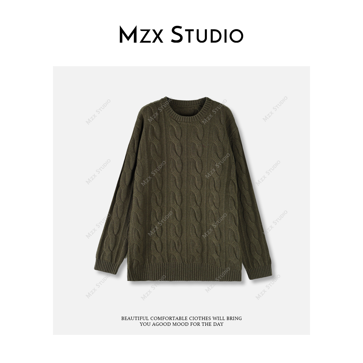 MZX【100%羊毛】慵懒风圆领套头针织麻花毛衣MY11303-C