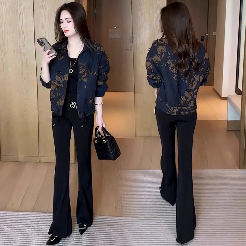 妈妈全身印花短外套女加绒宽松时尚2025春秋新款韩版减龄翻领夹克