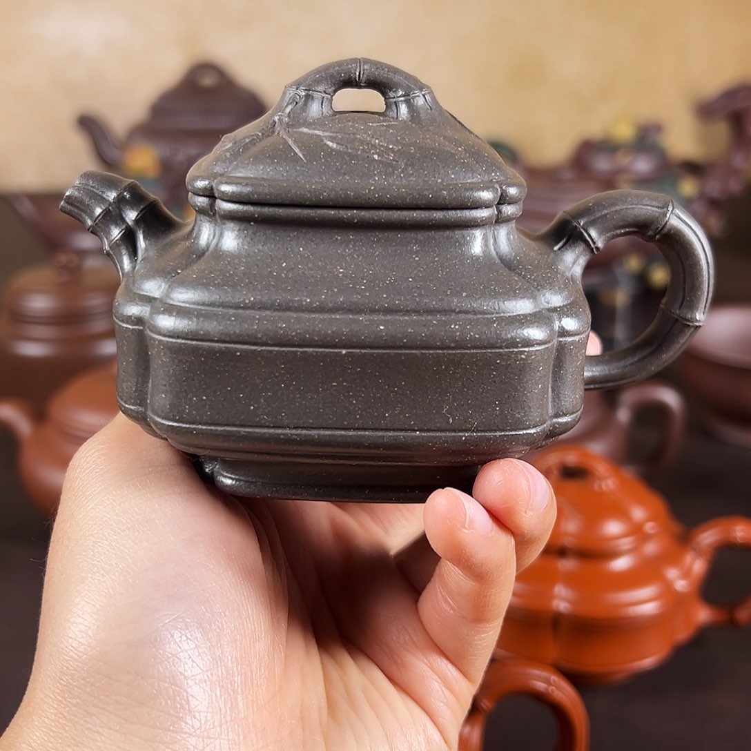 紫砂茶壶四方双线竹鼓160cc天青