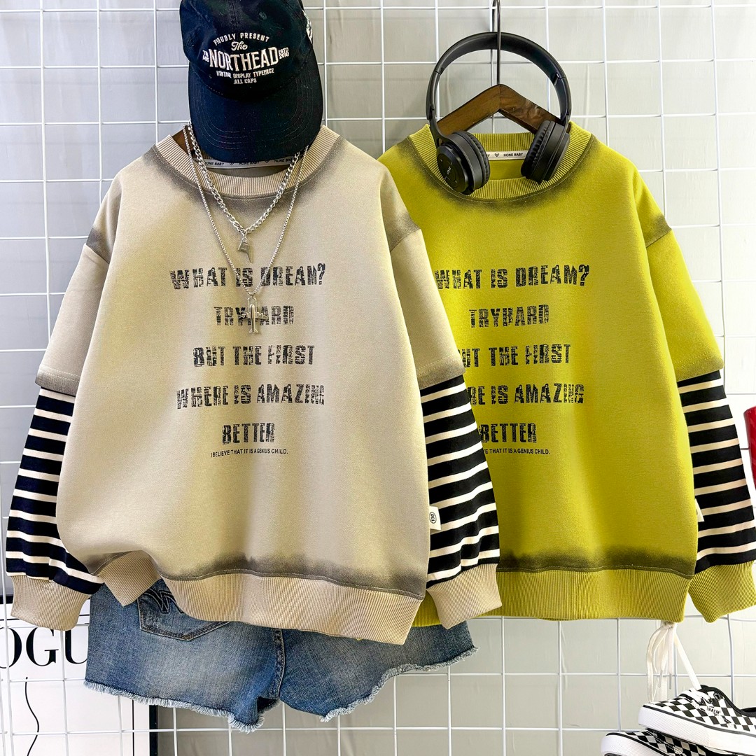 秋季新款韩版男童休闲洋气卫衣条纹中大童圆领假两件宽松字母【】