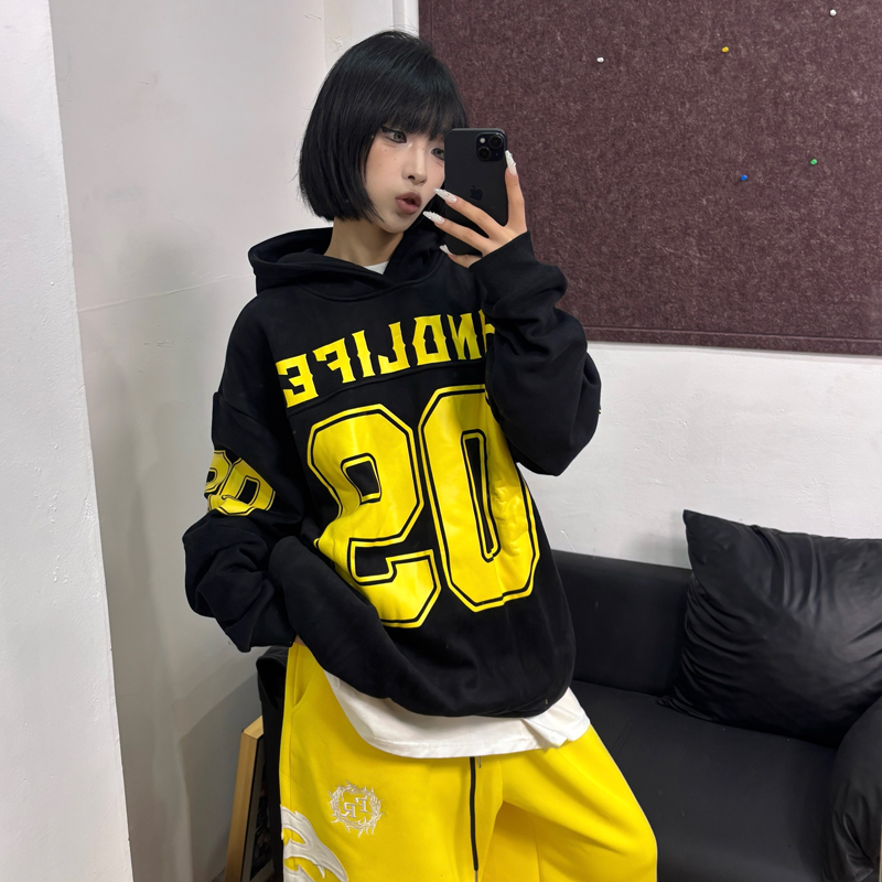 品牌美式连帽加绒09印花宽松休闲卫衣男女潮牌