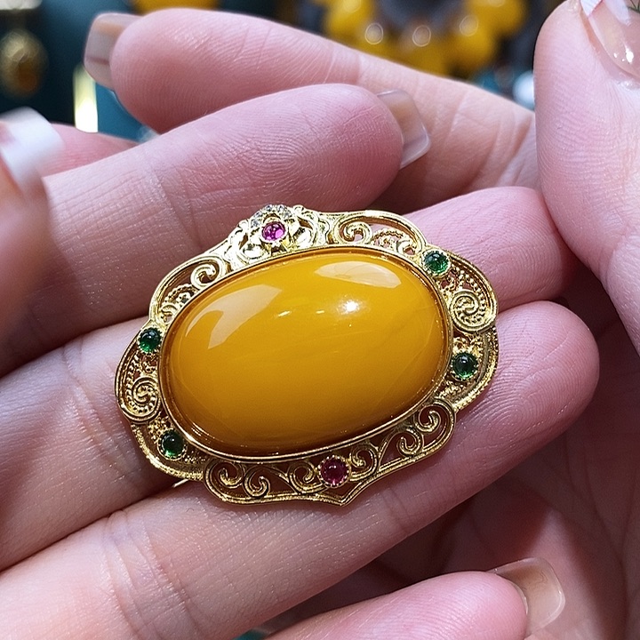 蜜蜡颈饰银S925镀金镶嵌
