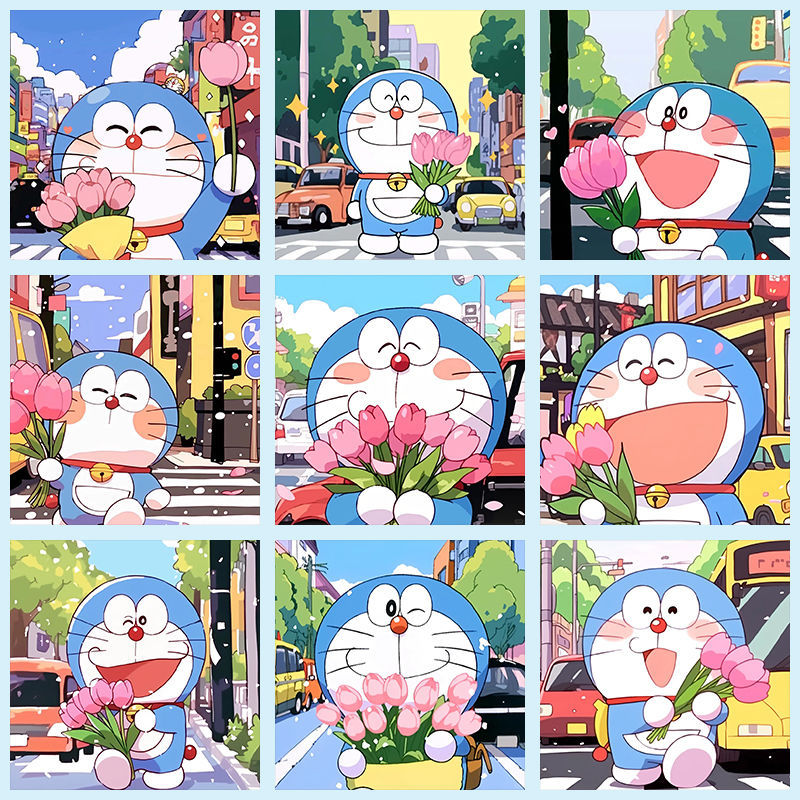 幻彩画阁新款可爱手工制作填色画哆啦a梦diy数字油画现代简约风格