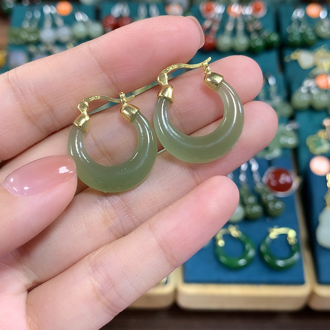 和田玉银S925镶嵌耳饰卡20