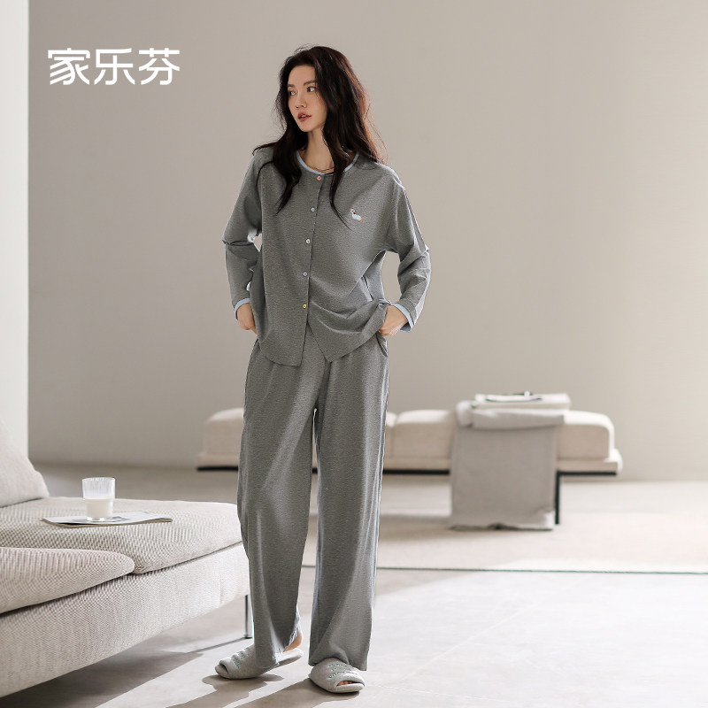家乐芬睡衣女士春秋季纯棉长袖家居服大码休闲慵懒风圆领可爱小狗