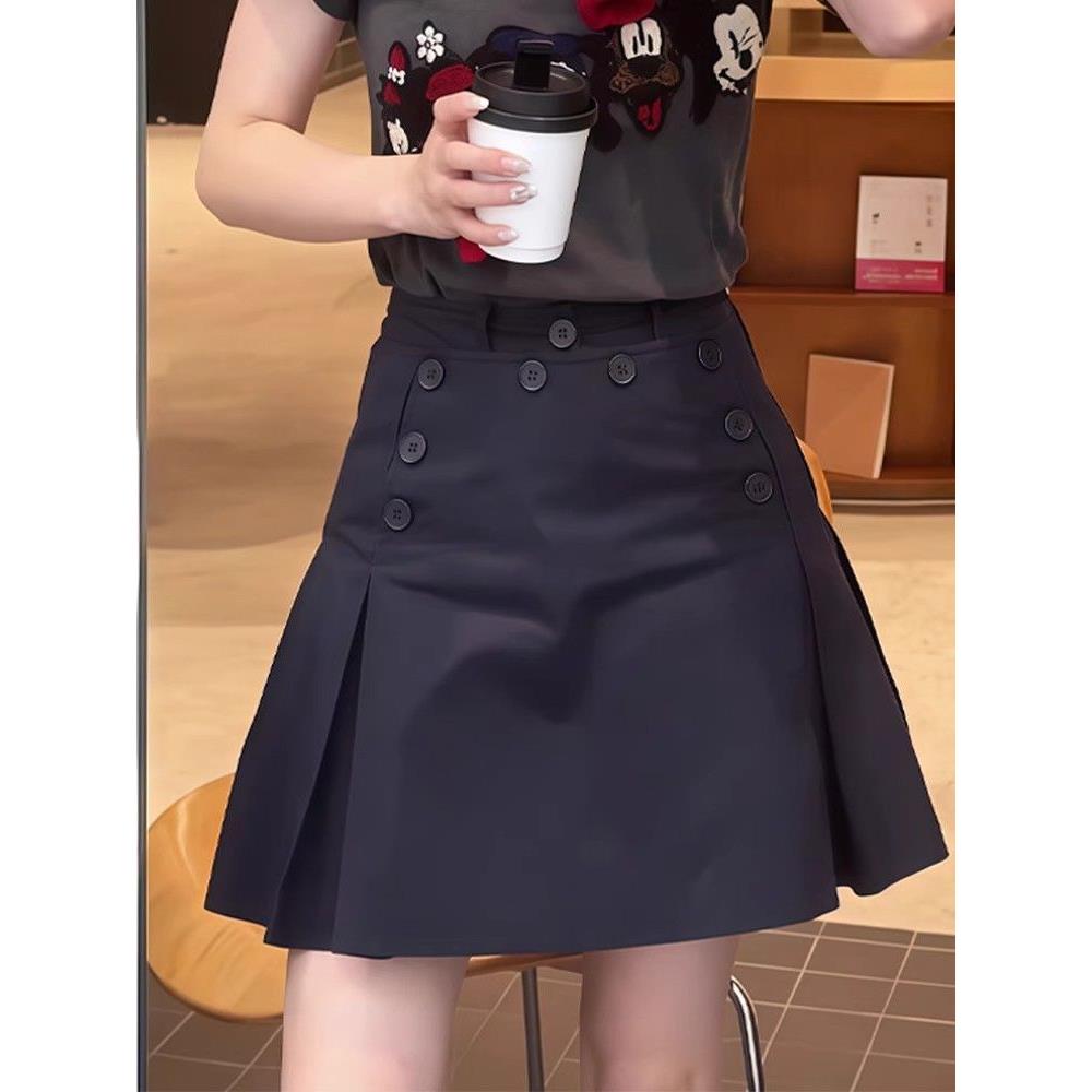 纽扣高腰半身短裙女夏秋大码胖mm藏蓝色百搭显瘦遮肉A字裙