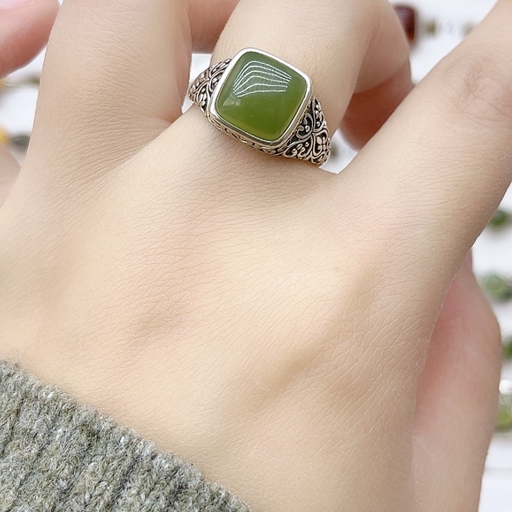 和田玉戒指银S925镶嵌天然